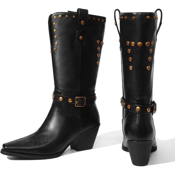 🆕Womens Black Faux Leather Mid Calf Square Toe Block Chunky Heel Studded Boots - Picture 8 of 13